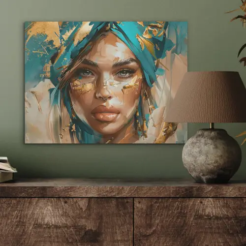 Vrouw - Portret - Goud - Luxe - Blauw PET vilt klein -sfeer2