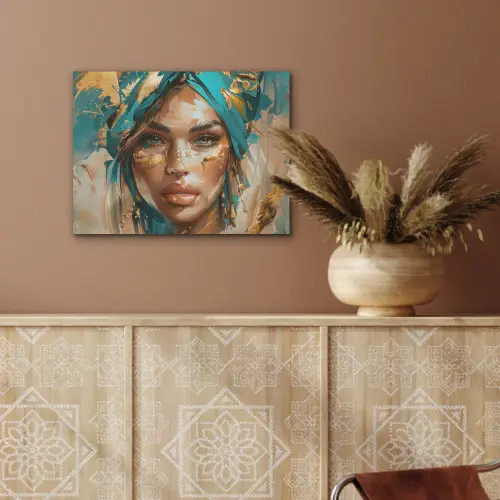 Vrouw - Portret - Goud - Luxe - Blauw PET vilt klein -sfeer4