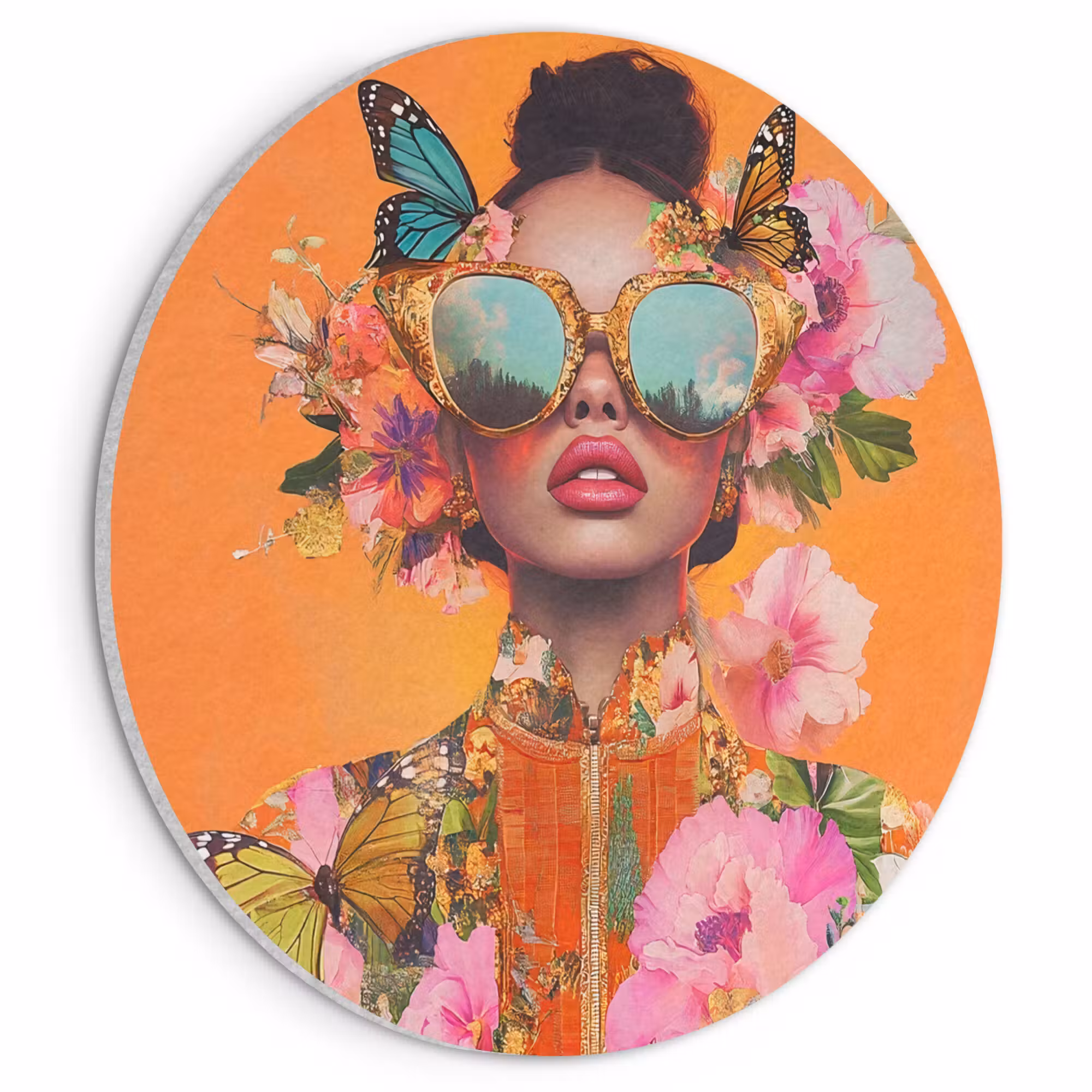 Acoustic painting round - Butterflies - Woman - Sunglasses - Colorful