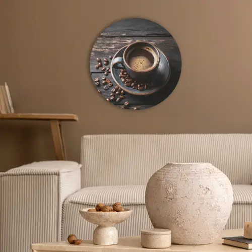 Kop - Koffie - Hout - Bonen Akoestische PET Vilt - Rond klein -sfeer1