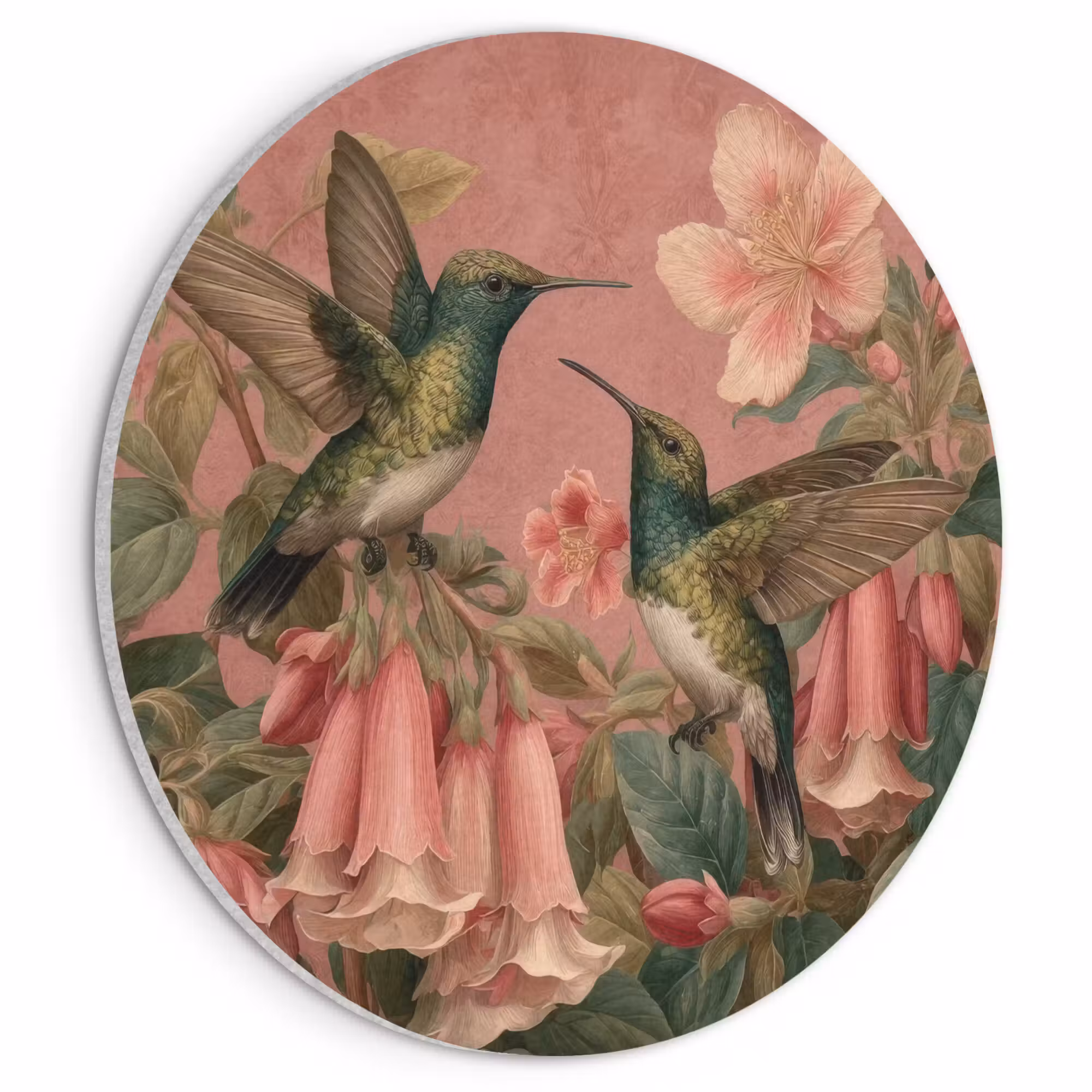 Acoustic painting round - Hummingbirds - Flowers - Green - Pink