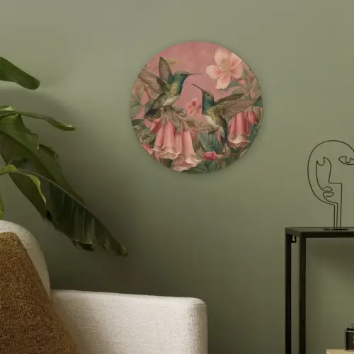 Kolibries - Bloemen - Groen - Roze Akoestische PET Vilt - Rond klein -sfeer2
