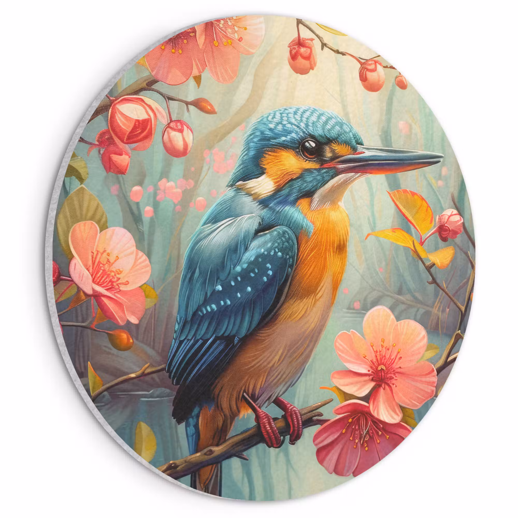Acoustic painting round - Kingfisher - Blossom - Nature - Birds - Flowers