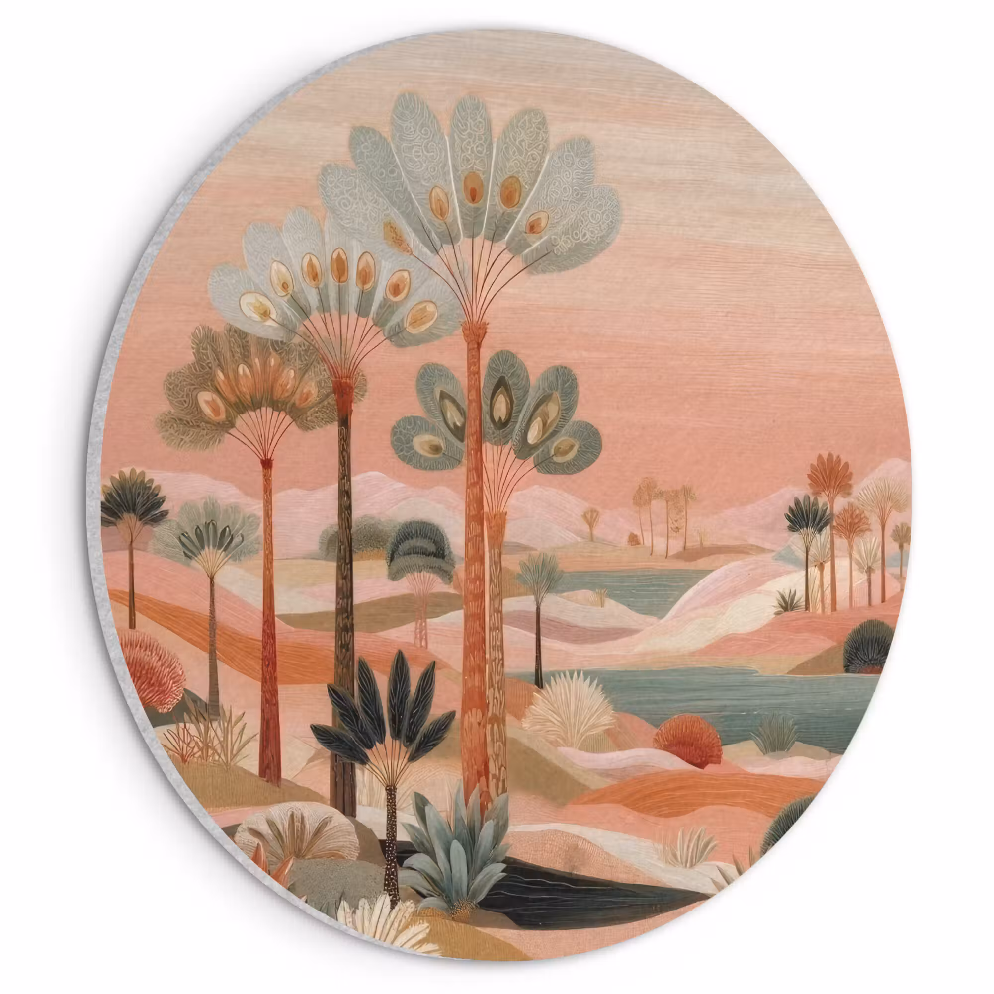 Acoustic painting round - Pink landscape - Palms - Water