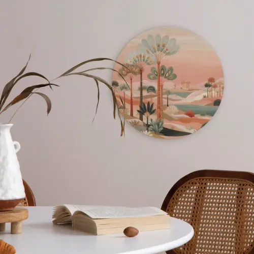 Roze landschap - Palmen - Water Akoestische PET Vilt - Rond klein -sfeer3