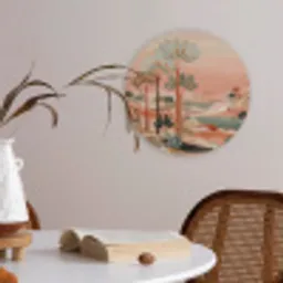 Roze landschap - Palmen - Water Akoestische PET Vilt - Rond klein -sfeer3