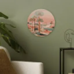 Roze landschap - Palmen - Water Akoestische PET Vilt - Rond klein -sfeer2