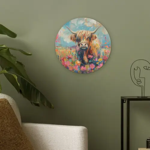 Schotse hooglander - Natuur - Kleurrijk - Bloemen Akoestische PET Vilt - Rond klein -sfeer2