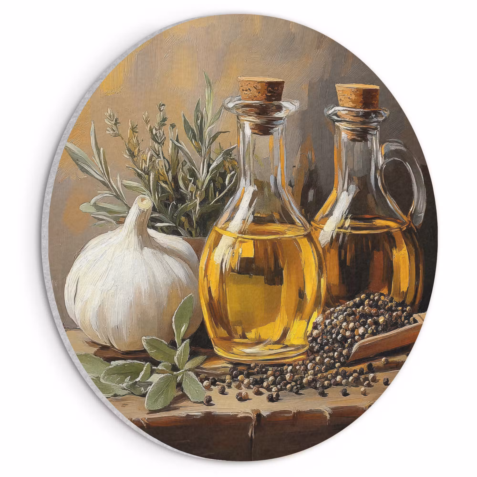 Acoustic painting round - Still life - Olive oil - Garlic - Herbs