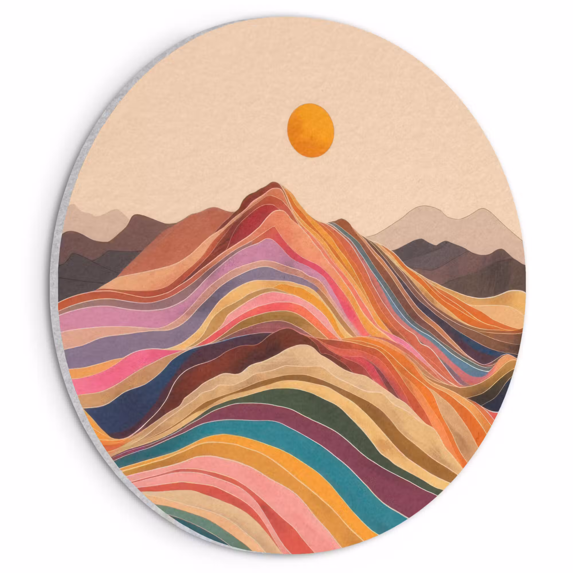Acoustic painting round - Sun - Colorful landscape - Mountains