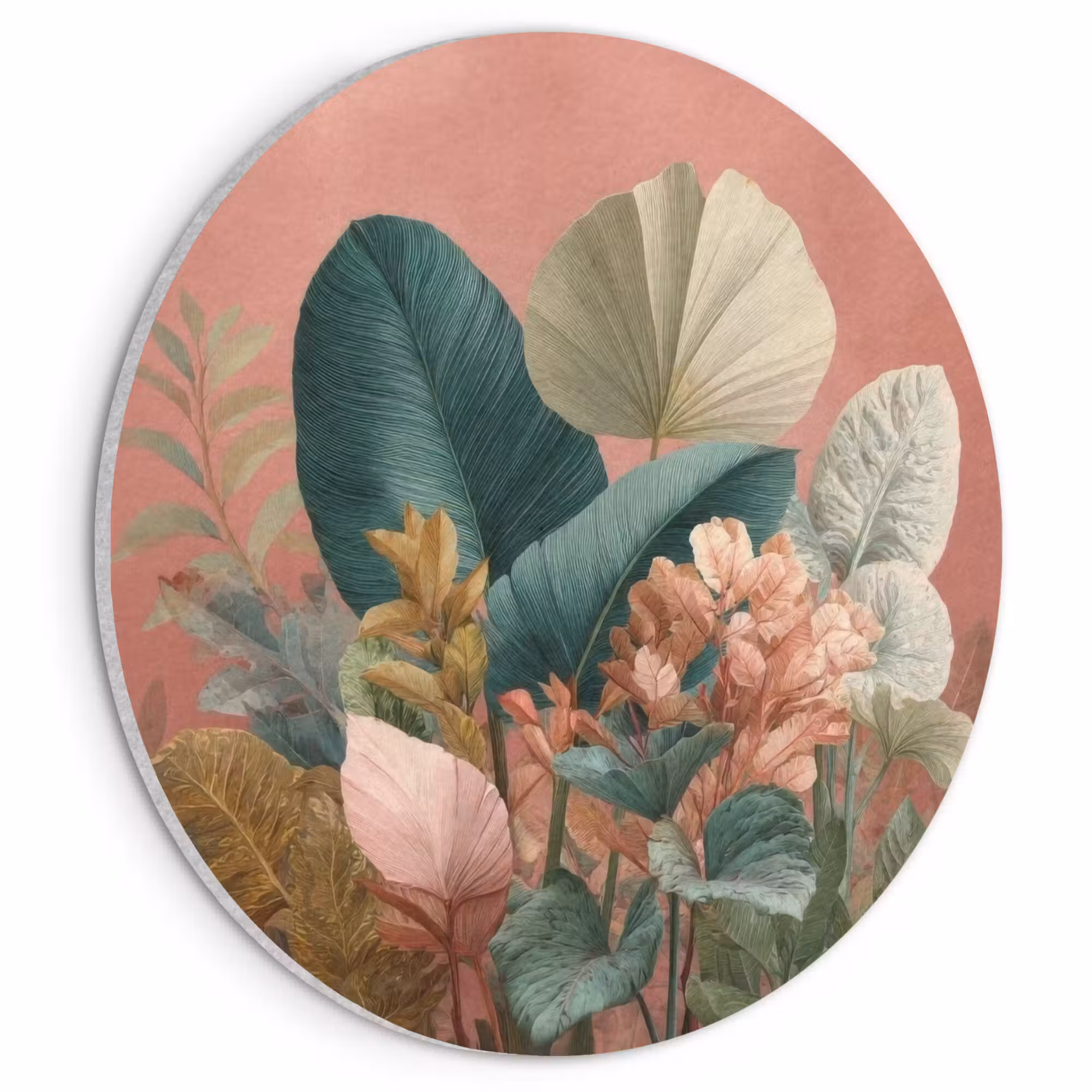Acoustic painting round - Tropical leaves - Flowers - Pink - green
