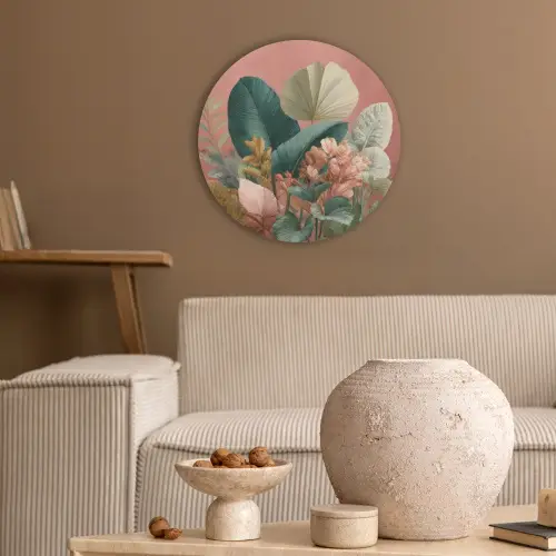 Tropische bladeren - Bloemen - Roze - groen Akoestische PET Vilt - Rond klein -sfeer1