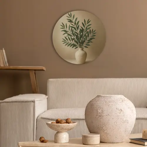 Vaas - Olijftakken - Bladeren - Beige Akoestische PET Vilt - Rond klein -sfeer1
