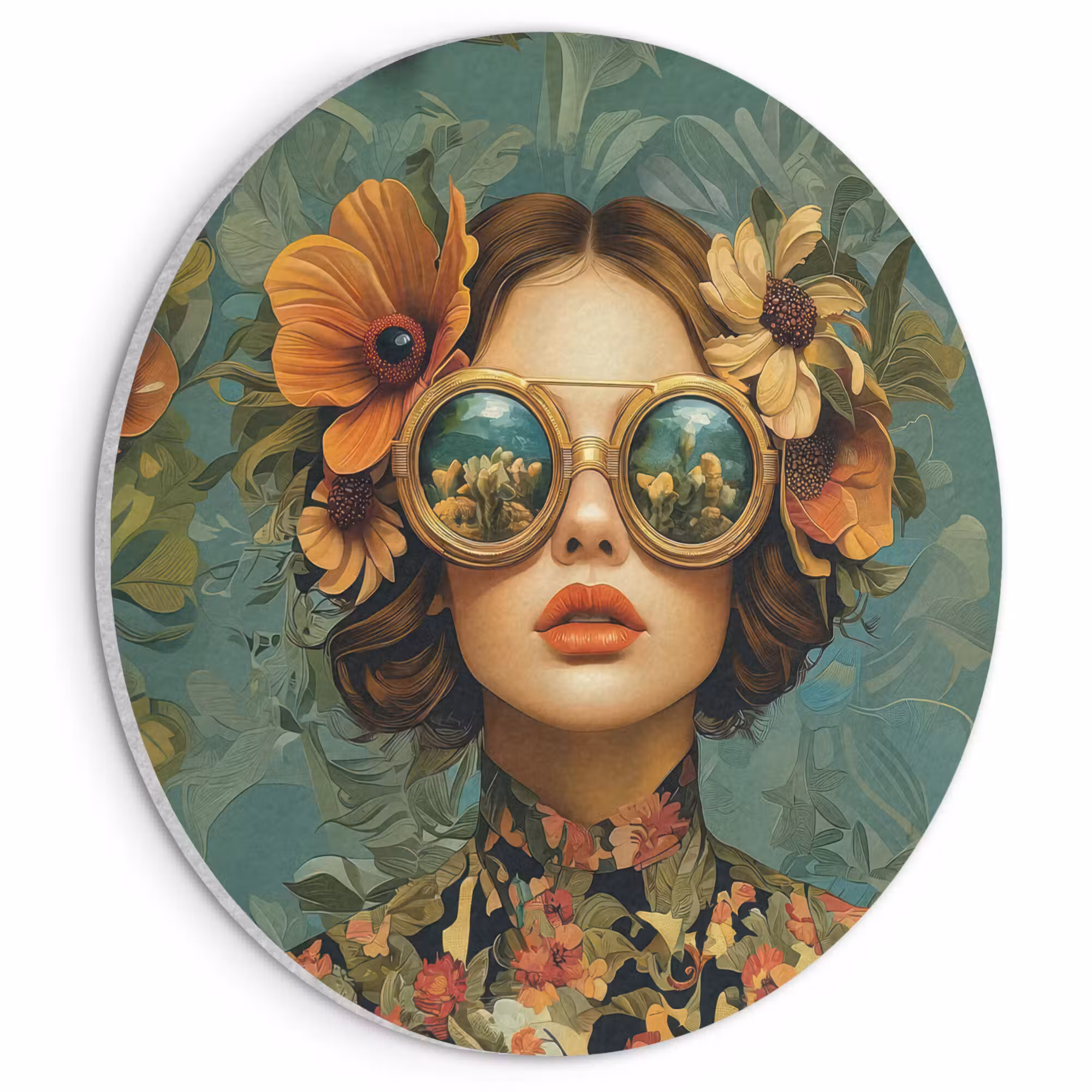 Acoustic painting round - Woman - Flowers - Butterflies - Nature - Vintage