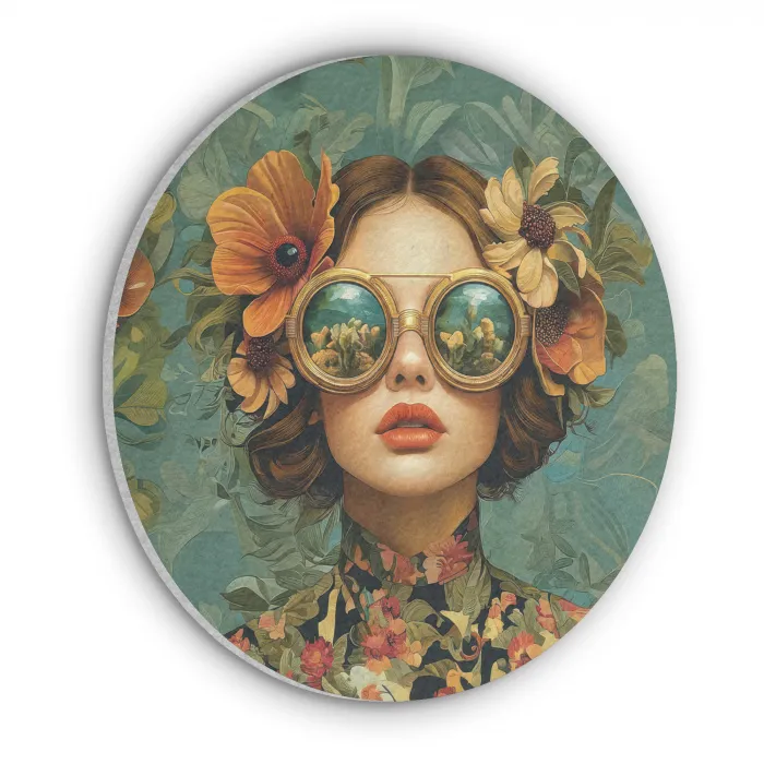 Vrouw - Bloemen - Vlinders - Natuur - Vintage Akoestische PET Vilt - Rond klein -3d