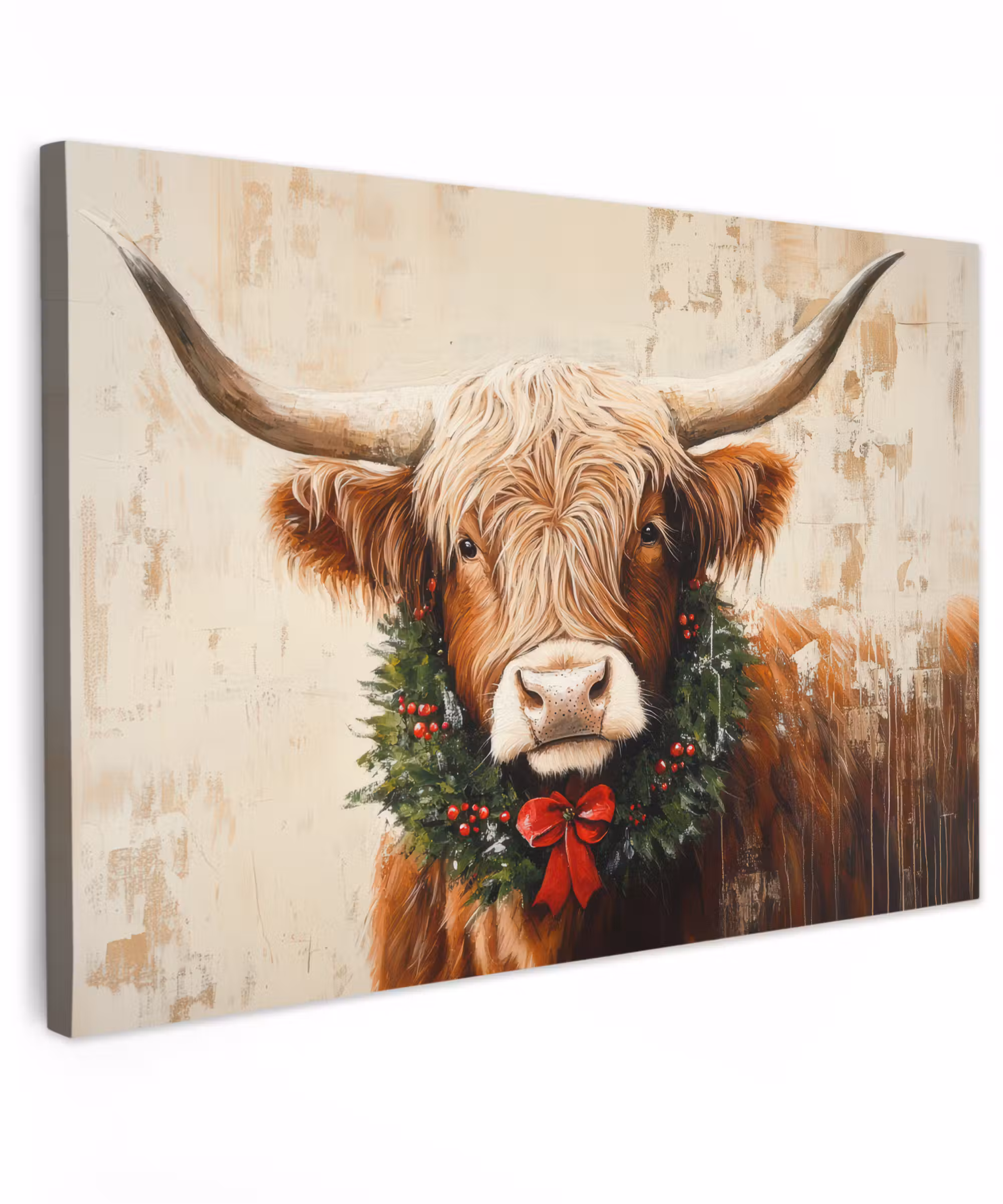 Canvas Print - Christmas - Scottish Highlander - Brown - Wreath