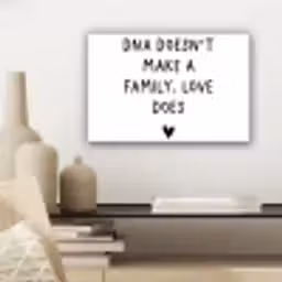 Engelse quote "DNA doesn't make a family, love does" met een hartje op een witte achtergrond canvas 2cm klein -sfeer6
