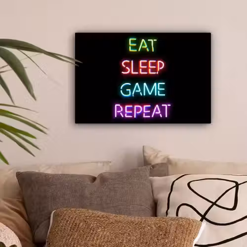 Gaming - Led - Quote - Eat sleep game repeat - Gamen canvas 2cm klein -sfeer1