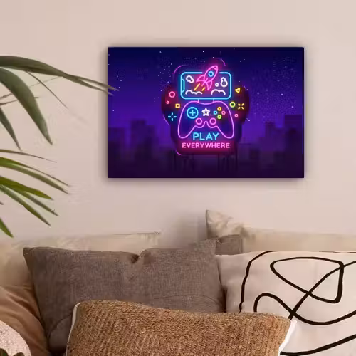 Gaming - Neon - Play - Blauw - Nacht - Controller canvas 2cm klein -sfeer1