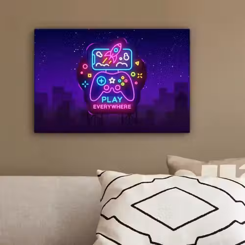 Gaming - Neon - Play - Blauw - Nacht - Controller canvas 2cm klein -sfeer3