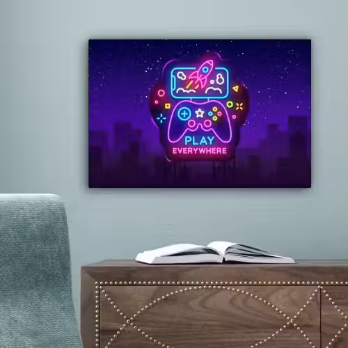 Gaming - Neon - Play - Blauw - Nacht - Controller canvas 2cm klein -sfeer4