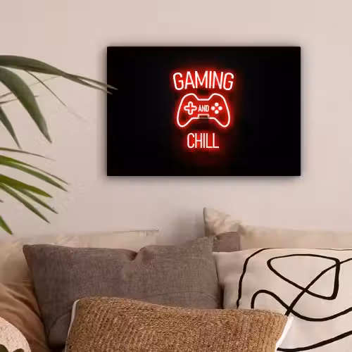 Gaming - Quotes - Gaming and chill - Neon - Rood canvas 2cm klein -sfeer1