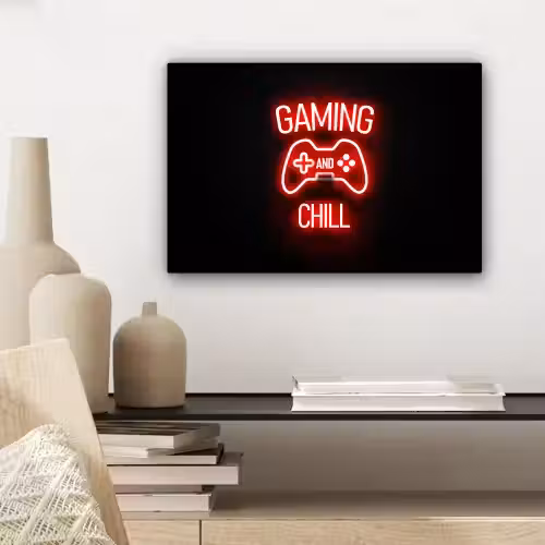 Gaming - Quotes - Gaming and chill - Neon - Rood canvas 2cm klein -sfeer6