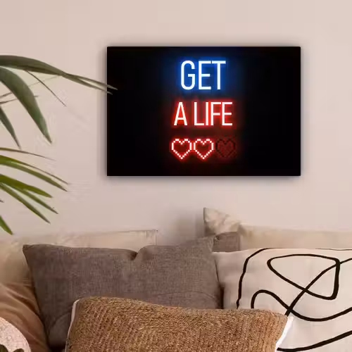Gaming - Tekst - Get a life - Neon - Zwart canvas 2cm klein -sfeer1