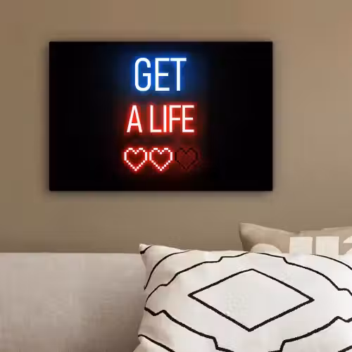 Gaming - Tekst - Get a life - Neon - Zwart canvas 2cm klein -sfeer3