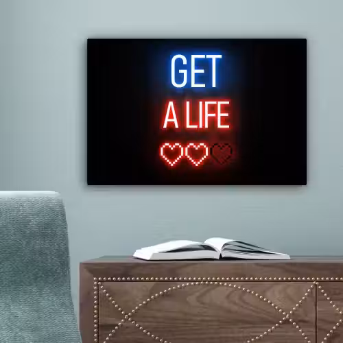 Gaming - Tekst - Get a life - Neon - Zwart canvas 2cm klein -sfeer4