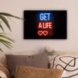 Gaming - Tekst - Get a life - Neon - Zwart canvas 2cm klein -sfeer1