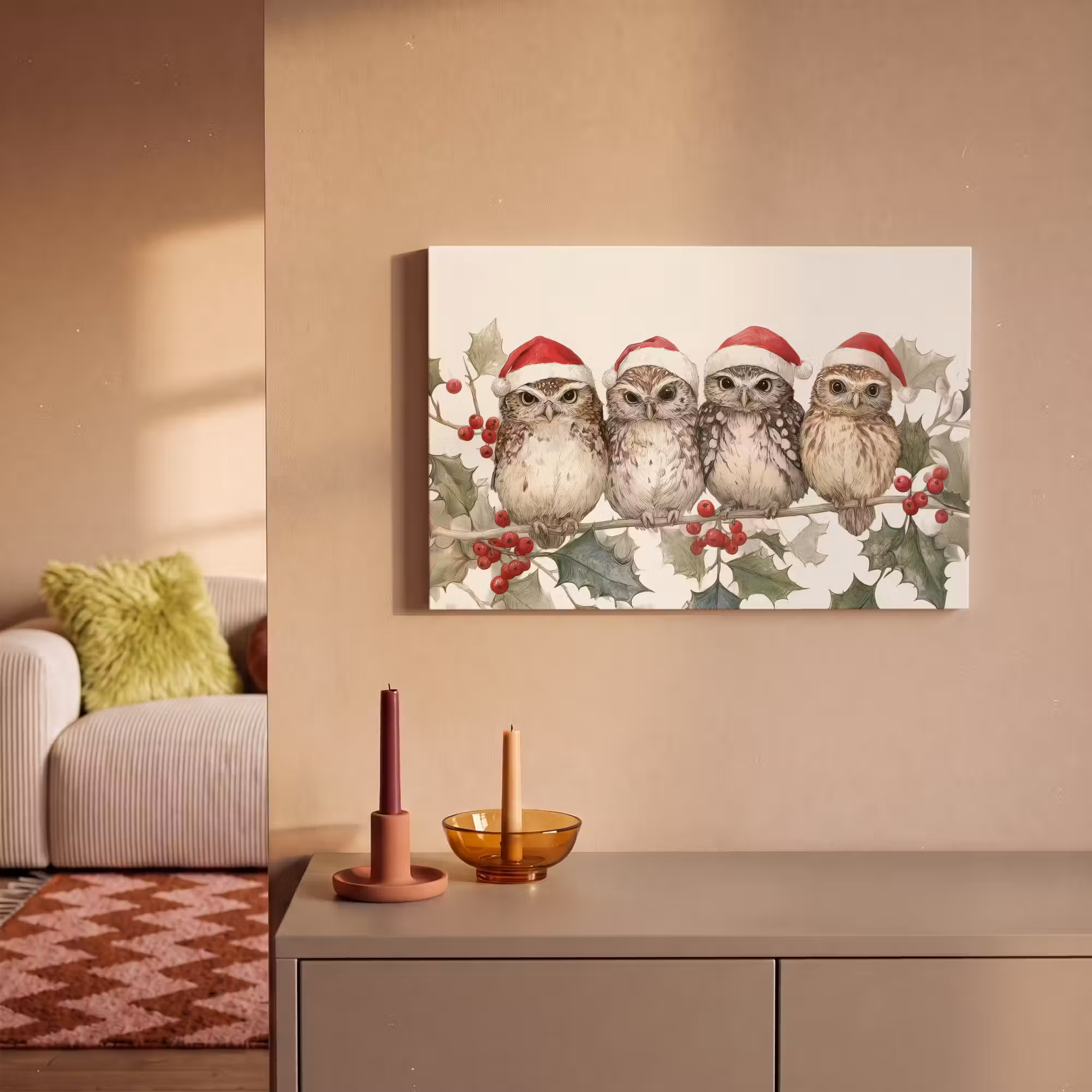 Canvas Print - Owls - Branch - Holly leaves - Santa hat