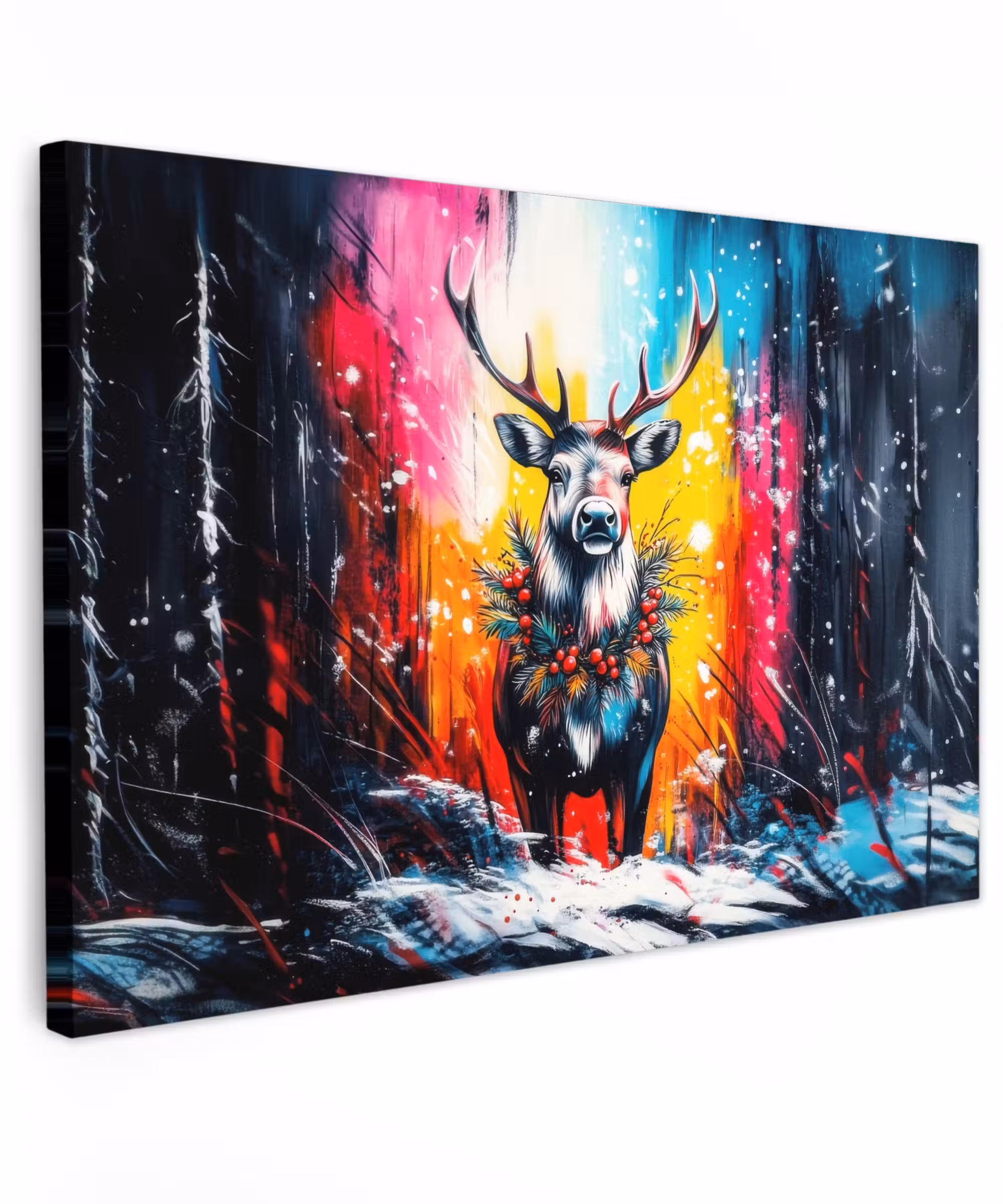 Canvas Print - Reindeer - Antlers - Wreath - Colorful