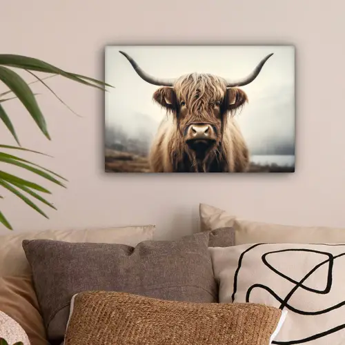 Schotse hooglander - Hoorns - Landschap canvas 2cm klein -sfeer1