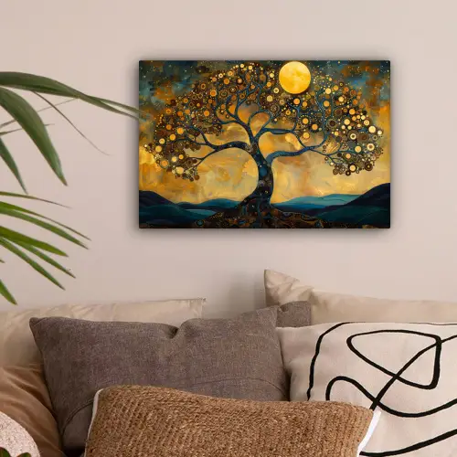 Boom - Maan - Bloemen - Goud - Kunst canvas 2cm klein -sfeer1