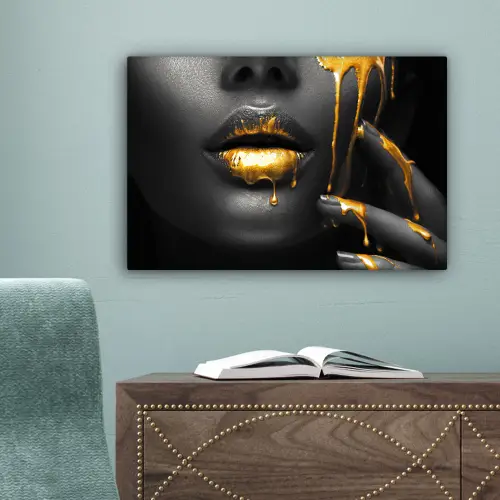 Vrouw - Zwart - Goud - Gezicht - Lippen canvas 2cm klein -sfeer4