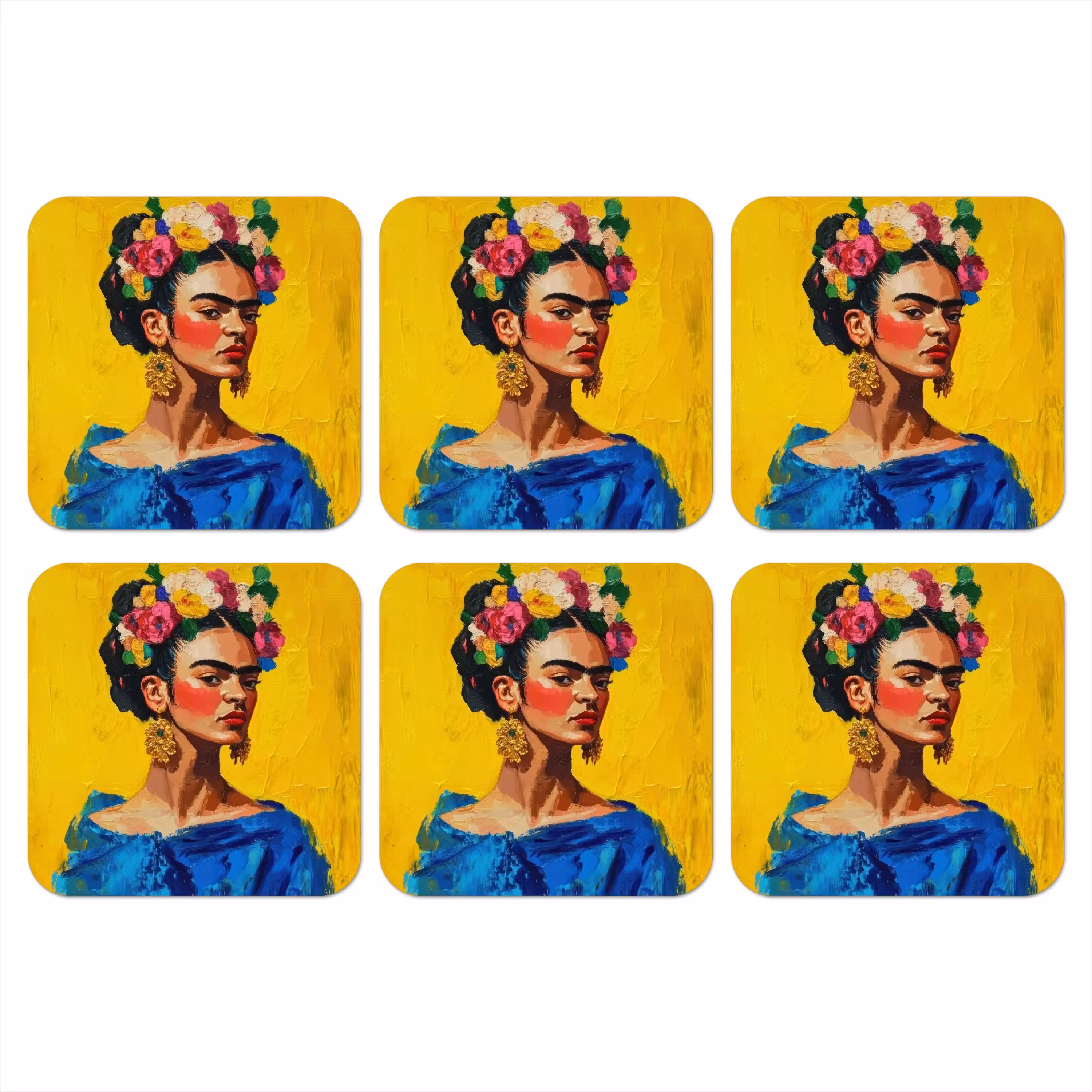 Coaster - Frida Kahlo - Woman - Yellow - Blue - Flowers