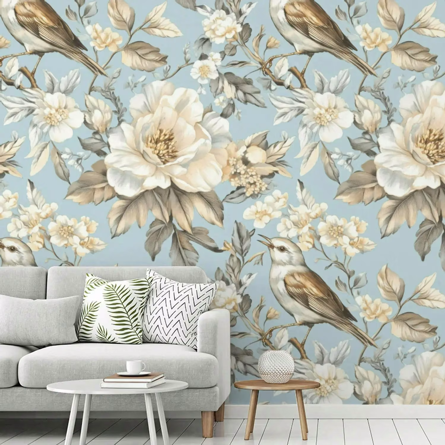 Behang - Botanisch - Zangvogel - Blauw