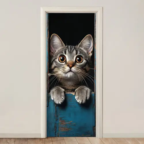 Kat - Doorkijk - Hout - Dieren - Blauw deurposter klein -3d_beige
