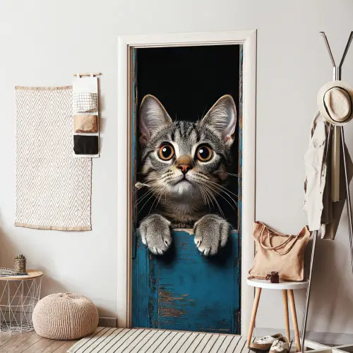 Kat - Doorkijk - Hout - Dieren - Blauw deurposter klein -sfeer6