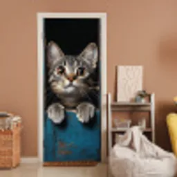 Kat - Doorkijk - Hout - Dieren - Blauw deurposter klein -sfeer1