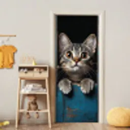 Kat - Doorkijk - Hout - Dieren - Blauw deurposter klein -sfeer4