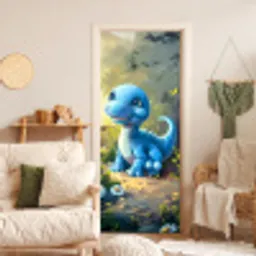Dino - Blauw - Baby - Dinosaurus deurposter klein -sfeer2