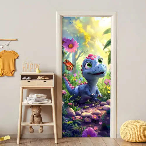 Dino - Paars - Baby - Dinosaurus deurposter klein -sfeer4