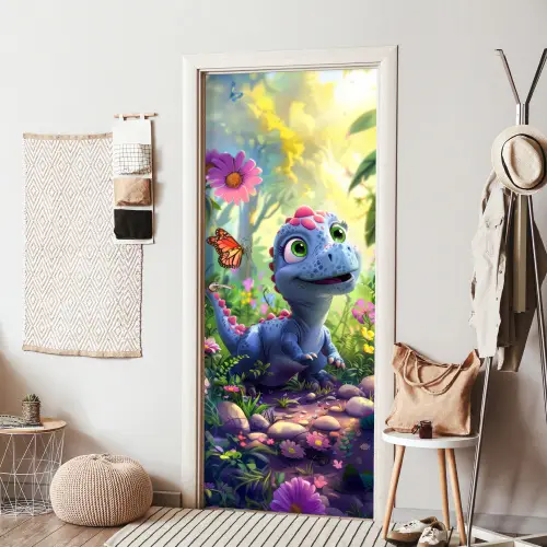 Dino - Paars - Baby - Dinosaurus deurposter klein -sfeer6