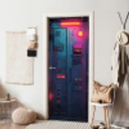 Deur - Futuristisch - Blauw - Roze - Neon deurposter klein -sfeer6