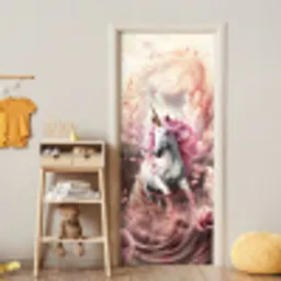 Eenhoorn - Meisje - Roze - Bloemen - Sprookje deurposter klein -sfeer4