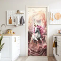 Eenhoorn - Meisje - Roze - Bloemen - Sprookje deurposter klein -sfeer5