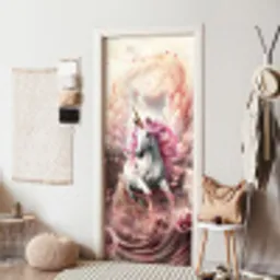 Eenhoorn - Meisje - Roze - Bloemen - Sprookje deurposter klein -sfeer6