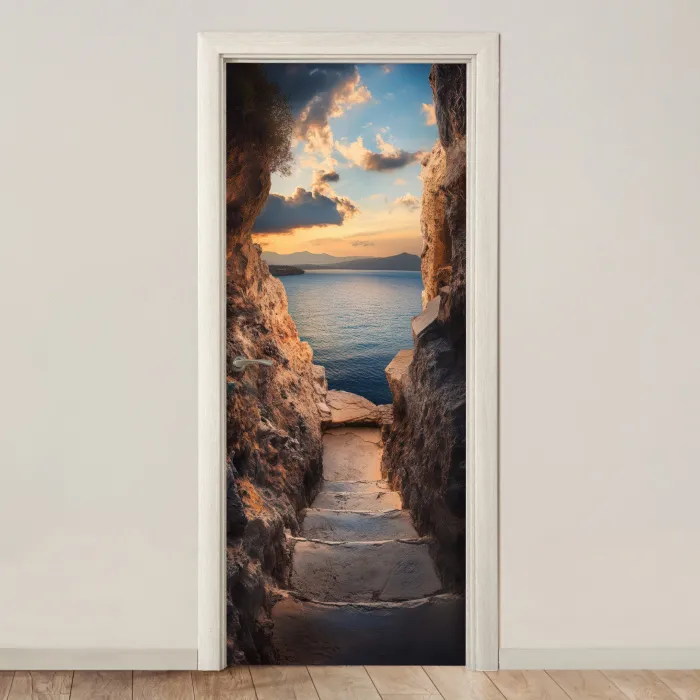 Doorkijk - Uitzicht - Landschap - Zee - Rotsen deurposter klein -3d_beige